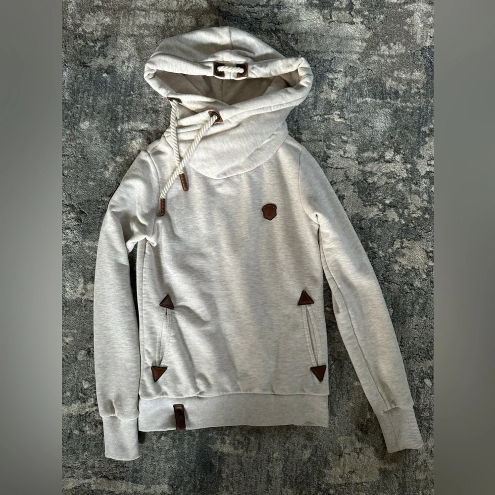 NAKETANO Women's Hooded Hoodie Beige Cotton Blend Pullover - Picture 3 of 8